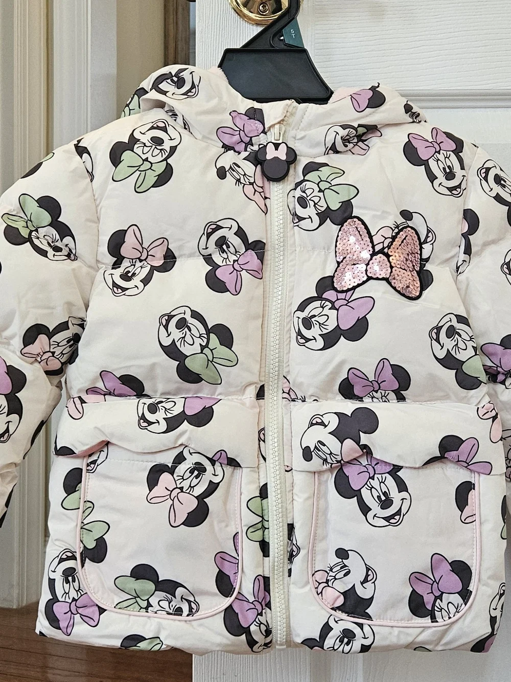 Disney Girls Off White and Pink Minnie Mouse Puffer Jacket